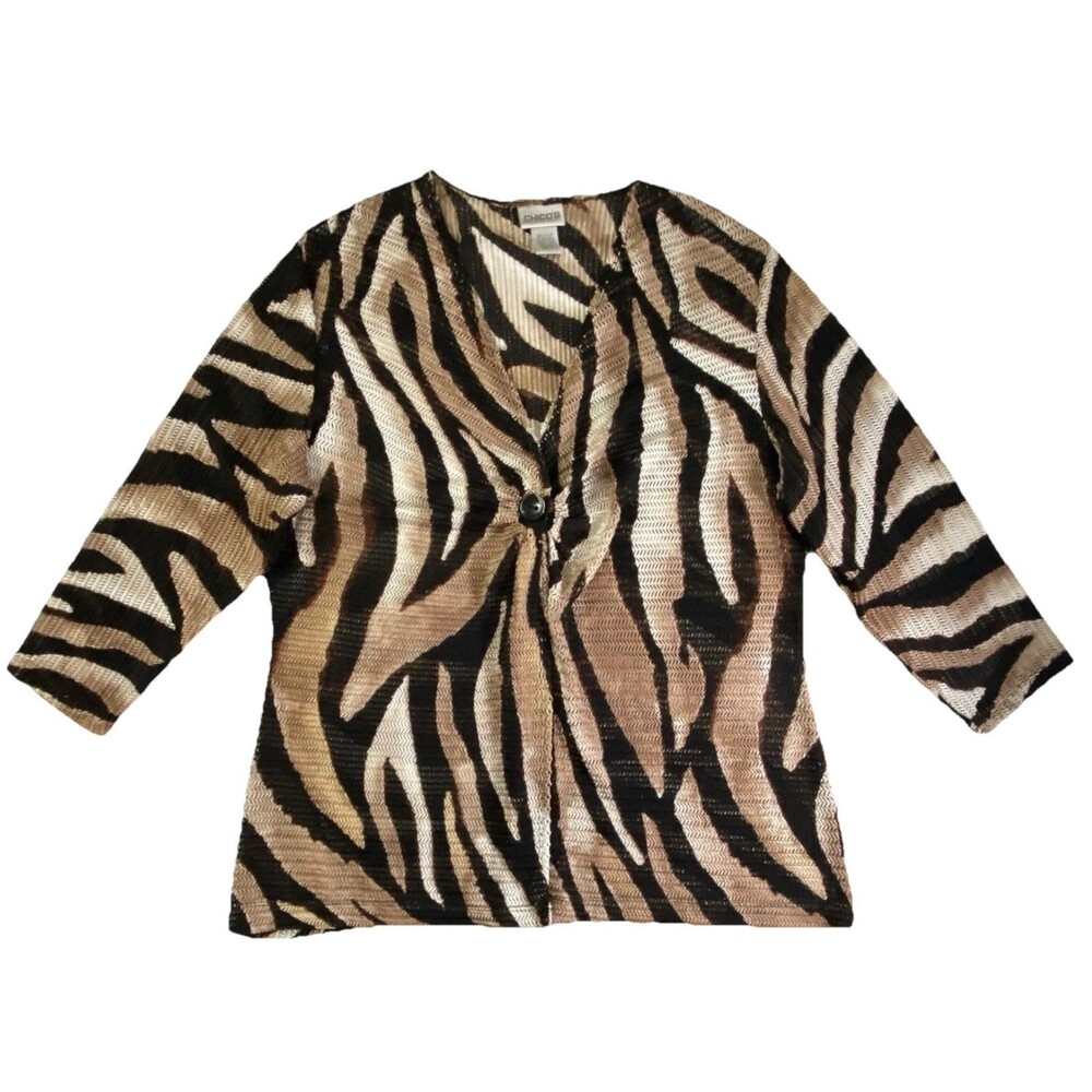 Chicos Zebra Print Open Knit Cardigan Womens Size 3 XL/16 Brown Black 3/4 Sleeve